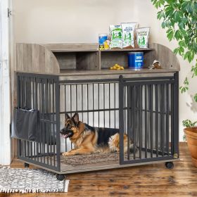 44'' Heavy Duty Large Dog Crate Furniture for Large Medium Dog with Lockable Wheels, Wooden Dog Crate Dog Kennel