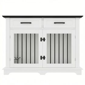 44.48" Large Dog Crate Furniture, Indoor Wooden Dog Kennel End Table with 2 Storage Drawers and Rotating Bowls (title: default title)